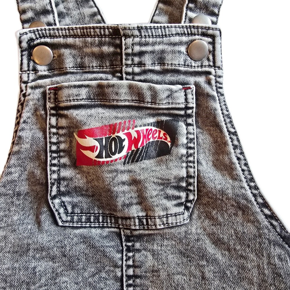 Hot Wheels Toddler Boys Acid Wash Denim Overalls 4T Stretch Racing Graphic 4T - Picture 3 of 10